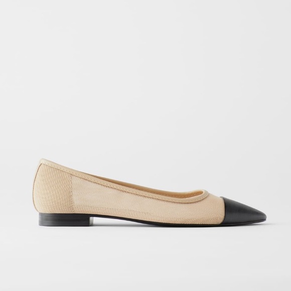 NWT Zara Cream Black Capped Toe Mesh Leather Mules - Picture 3 of 9